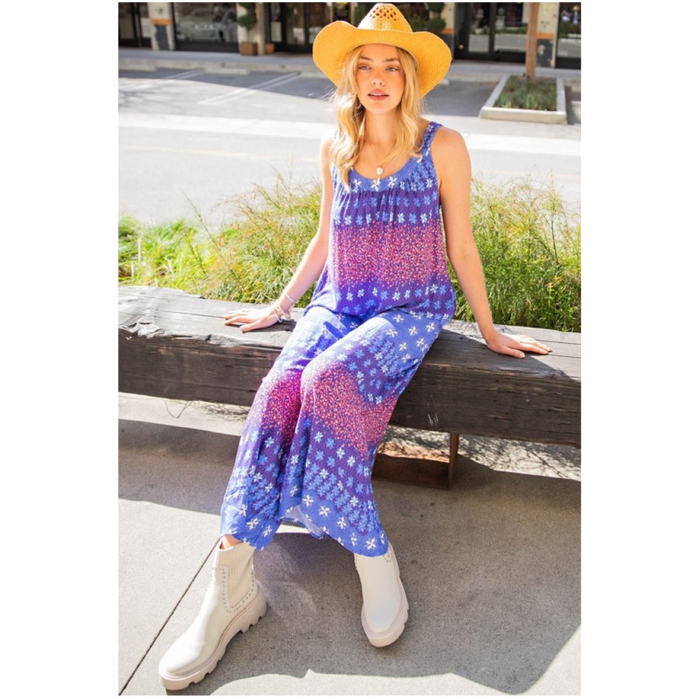 EUC easel Large Blue and Pink Patterned Sleeveless Jumpsuit - Picture 2 of 8